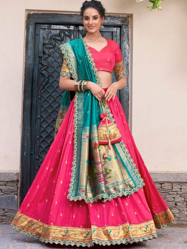 Pink Color Zari Weaving Work Jacquard Silk (Paithani) Lehenga Choli