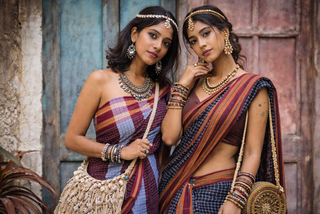 Two Indian women in boho chic styling wearing traditional Kunbi sarees with layered oxidised jewellery and rustic accessories, posing against vintage wooden doors