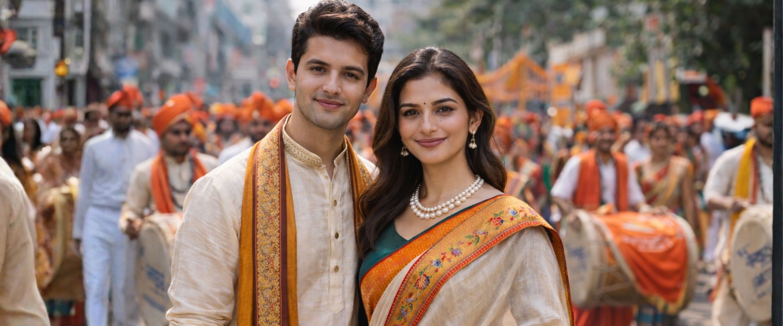 A young woman in a cotton silk saree with a Paithani border and pearl necklace stands beside a well-dressed man in a cream kurta with a traditional stole, showcasing elegant modern Marathi ethnic fashion during a festive street celebration.
