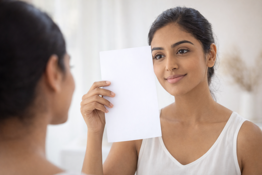 A young Marathi Girl stands in front of a mirror holding a white sheet of paper next to her face in natural light, performing the white paper test to identify her skin tone.