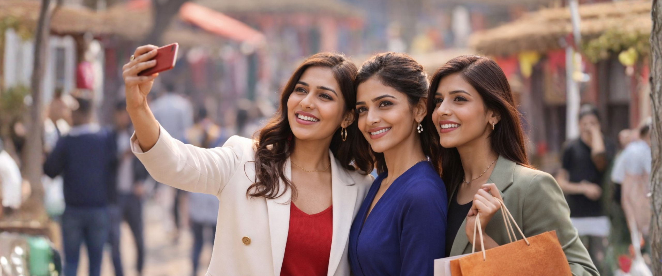 Three stylish young Indian women taking a selfie outdoors in a vibrant market setting, dressed in smart casual outfits with shopping bags in hand, smiling confidently in natural daylight.