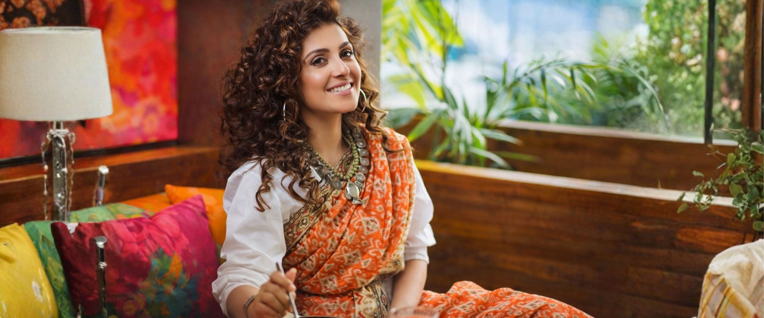 A smiling woman in a vibrant orange ethnic sari with a statement necklace sits in a café setting, enjoying a meal in a bright, plant-filled space, showcasing confident everyday ethnic fashion.