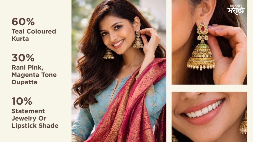 60 30 10 Formula Explained for Perfect Balanced Styling A beautiful Marathi Girl wearing Teal Kurta Rani Pink Dupatta and Statement Jewelry Brand Maratha is high with confidence 