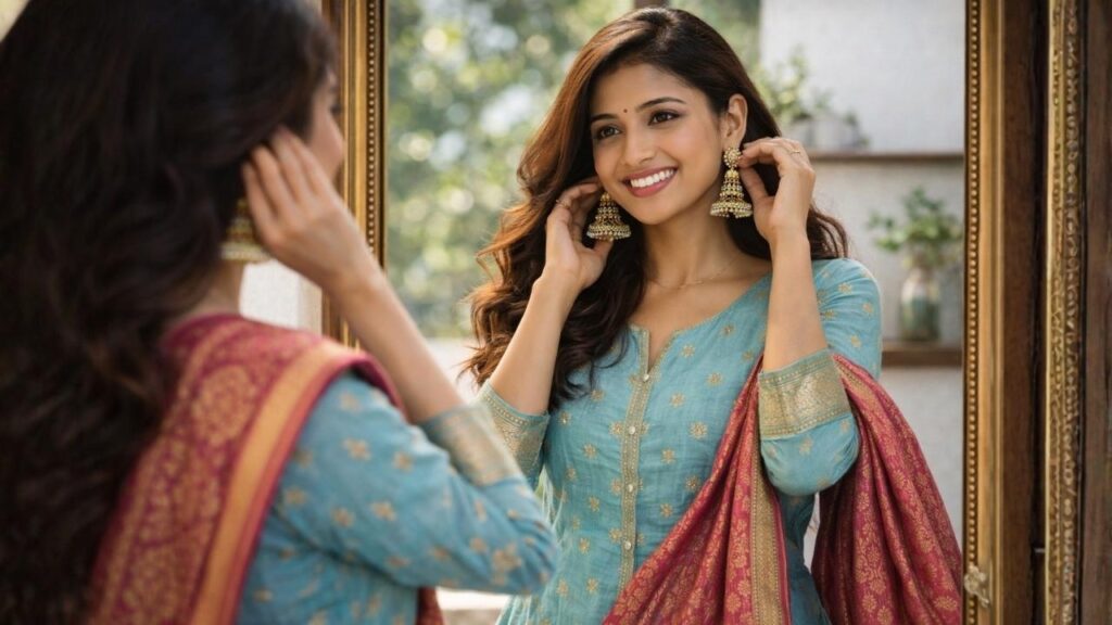 A Beautiful Girl Brand Maratha Wearing Teal Dress and Jhumka Jewellery with Red Dupatta is looking in mirror with WOW effect.jpg