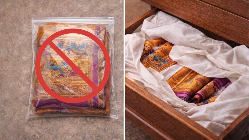 Paithani Saree should not be store in Plastic Bag as it will be damaged with humidity, instead should be kept in a muslin cloth for better life Brand maratha