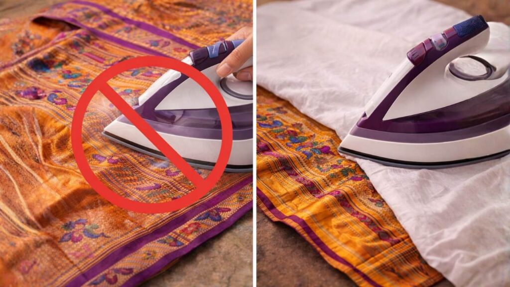 Paithani or any other silk sarees should be directly ironed, instead they should be ironed keeping some other cloth on it or should be ironed the other way brand Maratha