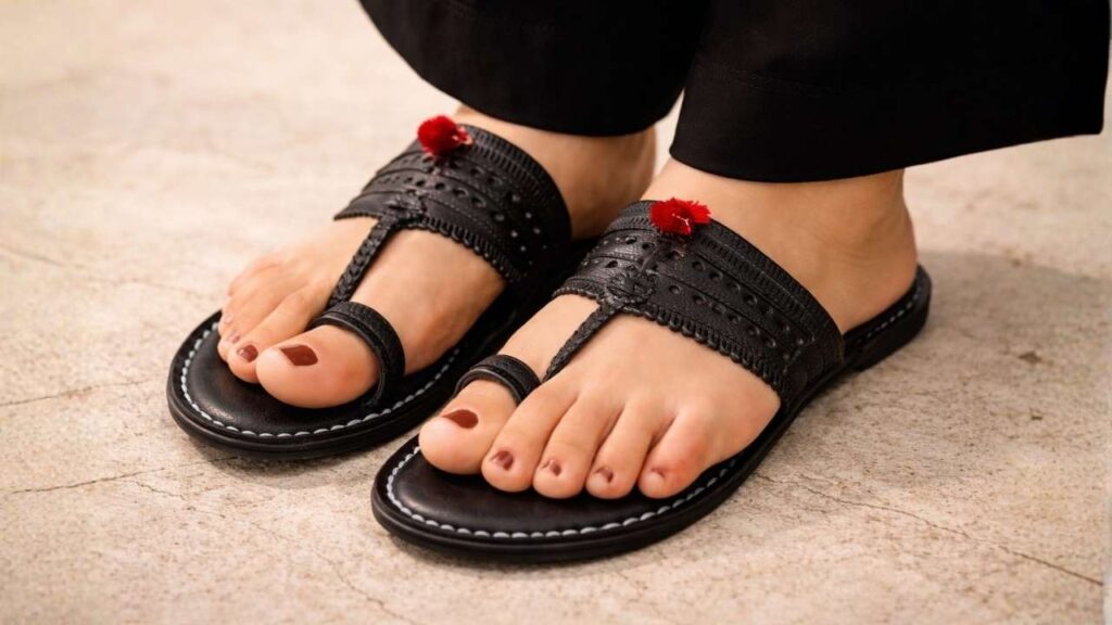 Elegant Kolhapuri Chappal Wore by a woman in black dress. Elegant Comfortable chappal made in Kolhapur Maharashtra