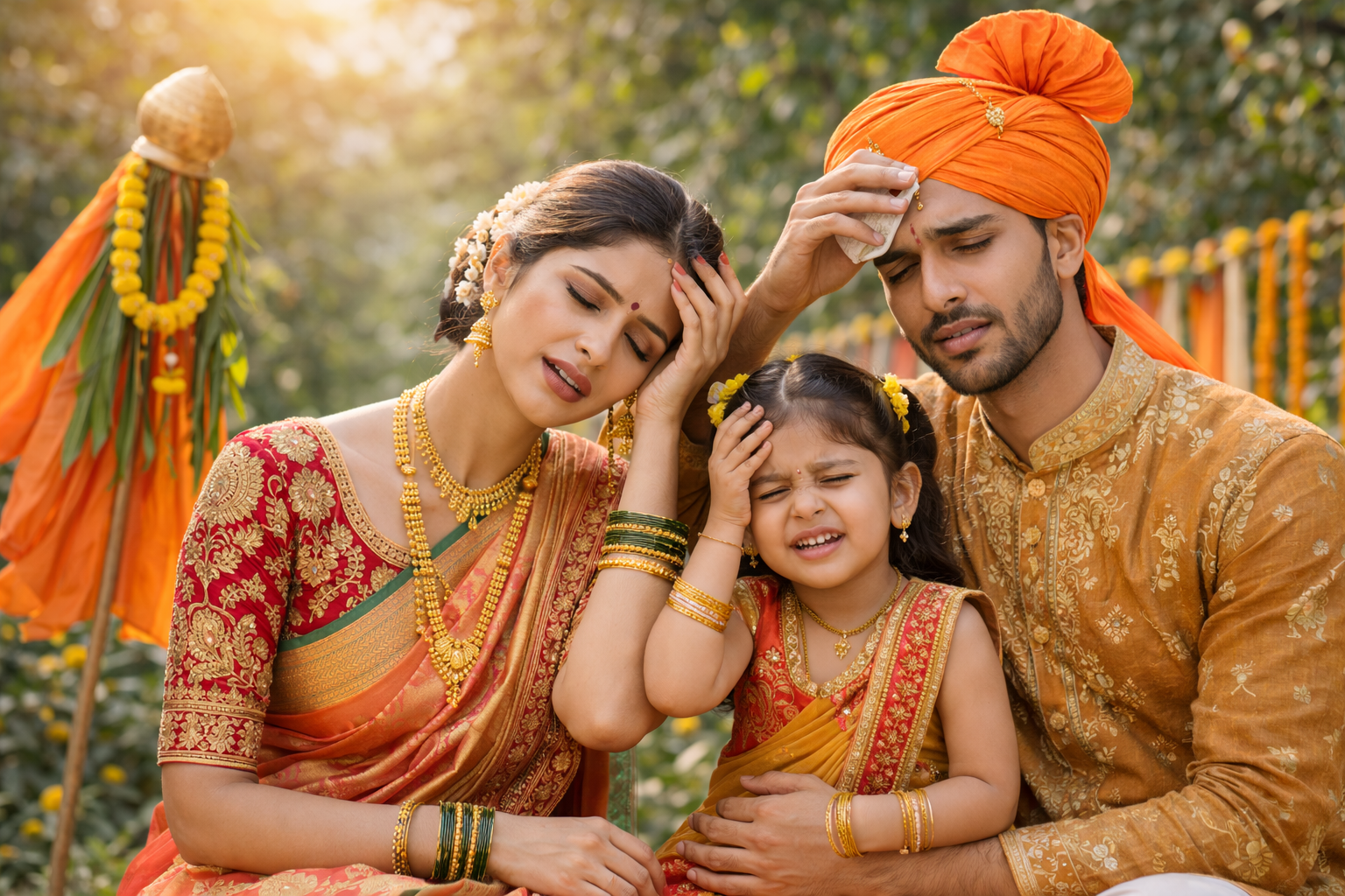 Family wearing heavy Traditional Maharashtrian Marathi Outfit during Gudi Padwa but irritated due to heat Sun.png