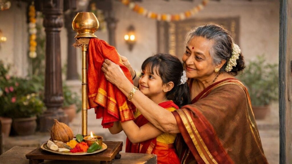 Grand Mother teaching Grand Daughter to make Gudhi with Cloth of Tradition.jpg