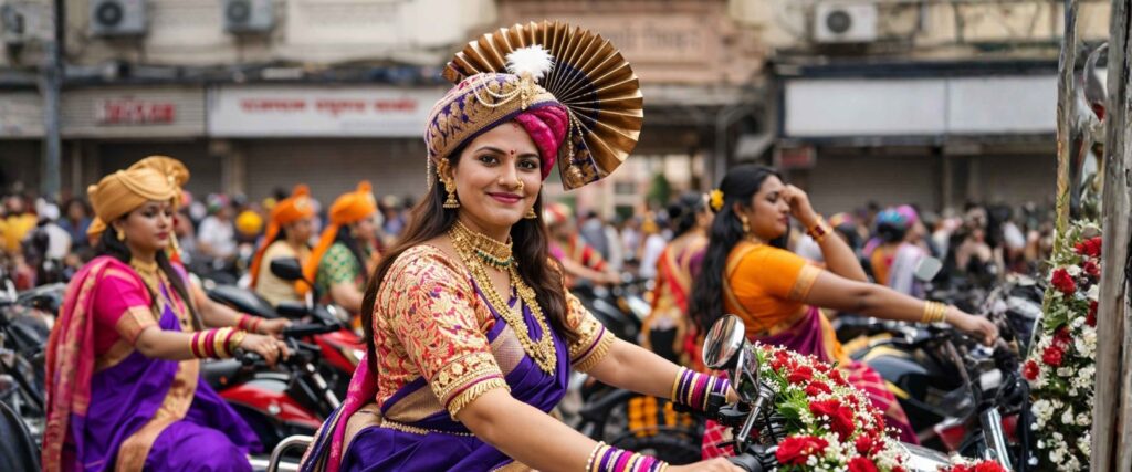 Gudhi Padwa procession — women on bikes in Nauvari, confident, joyful. Caption: "Brand Maratha प्रस्तुत — गुढीपाडवा 2026