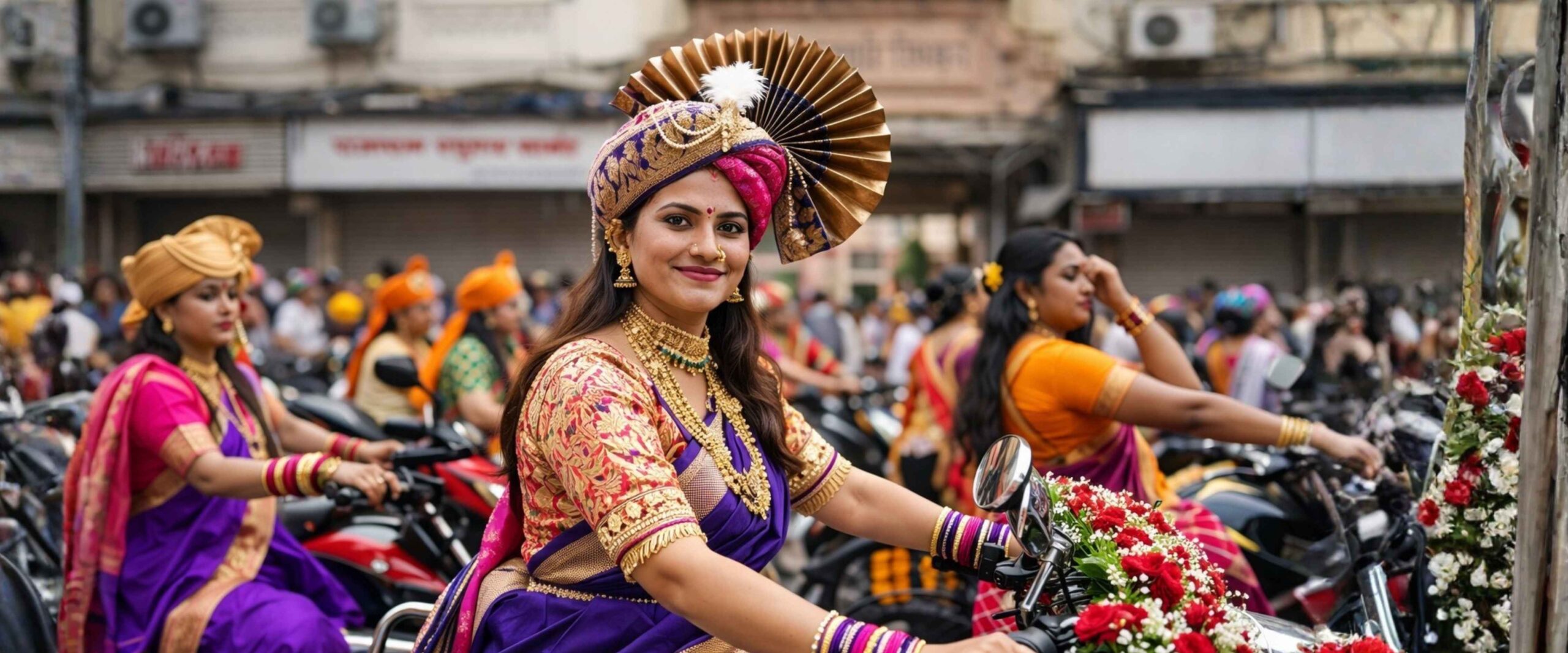 Gudhi Padwa procession — women on bikes in Nauvari, confident, joyful. Caption: "Brand Maratha प्रस्तुत — गुढीपाडवा 2026