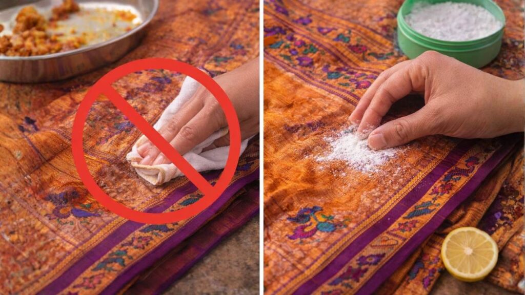 if you find stains on paithani saree do not immediately rub, that will damage the silk fibres, instead gently apply lemon to stop the staining process brand maratha