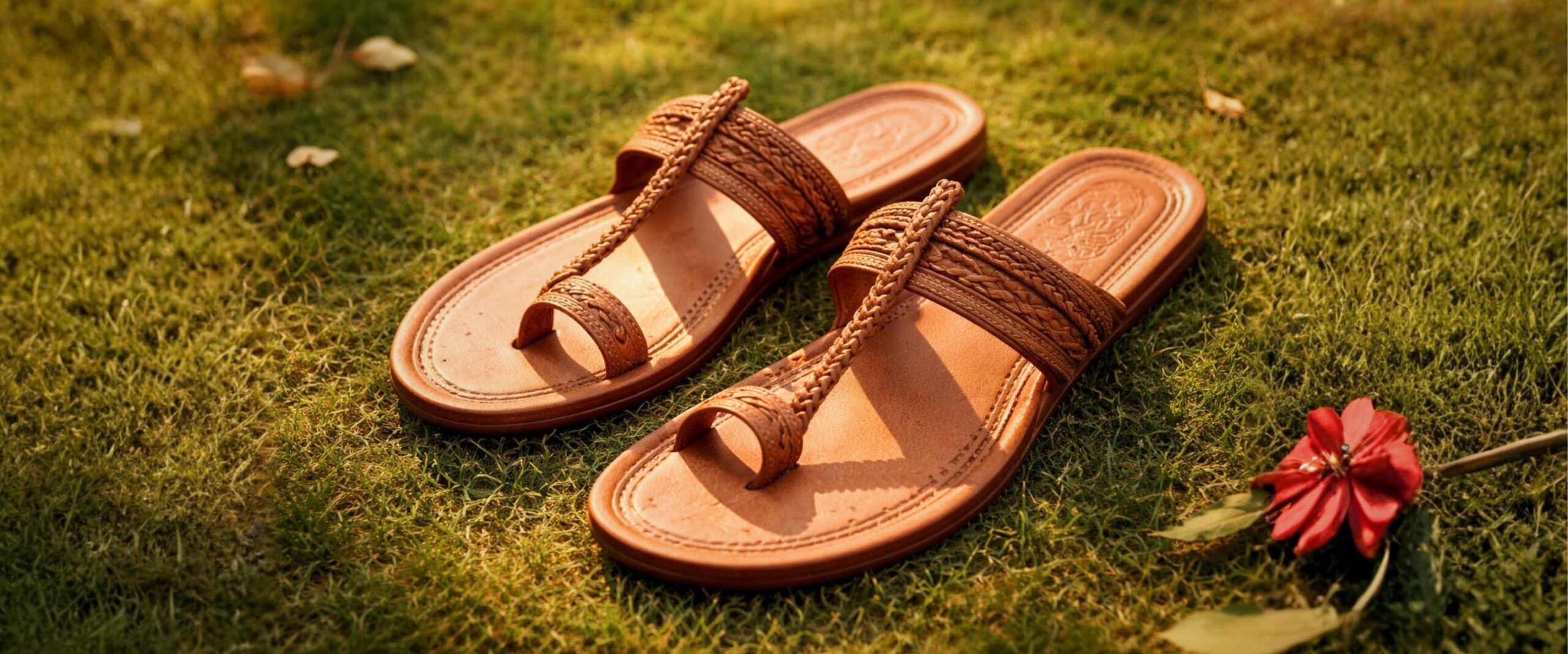 कोल्हापुरी चप्पलची एक दमदार जवळची प्रतिमा — विटकरी रंगाच्या फरशांवर ठेवलेली, उन्हाचा कल — कातडी वेणीवर सावल्या पडलेल्या, earthy आणि summery feel.