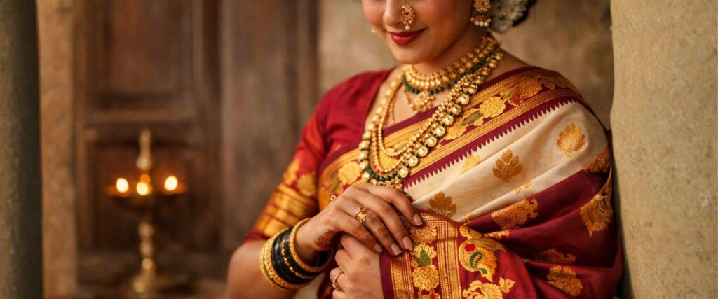 Maharashtrian bride in authentic deep maroon Paithani saree, gold zari border close-up, warm natural light, traditional wooden background, cinematic photography, high quality, cultural, elegant