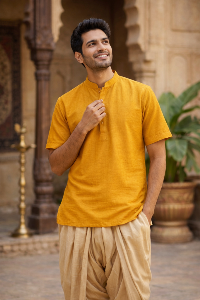 marathi Man wearing yellow bandi dhotar — dhoti below — traditional Maharashtra look for festival and weddings