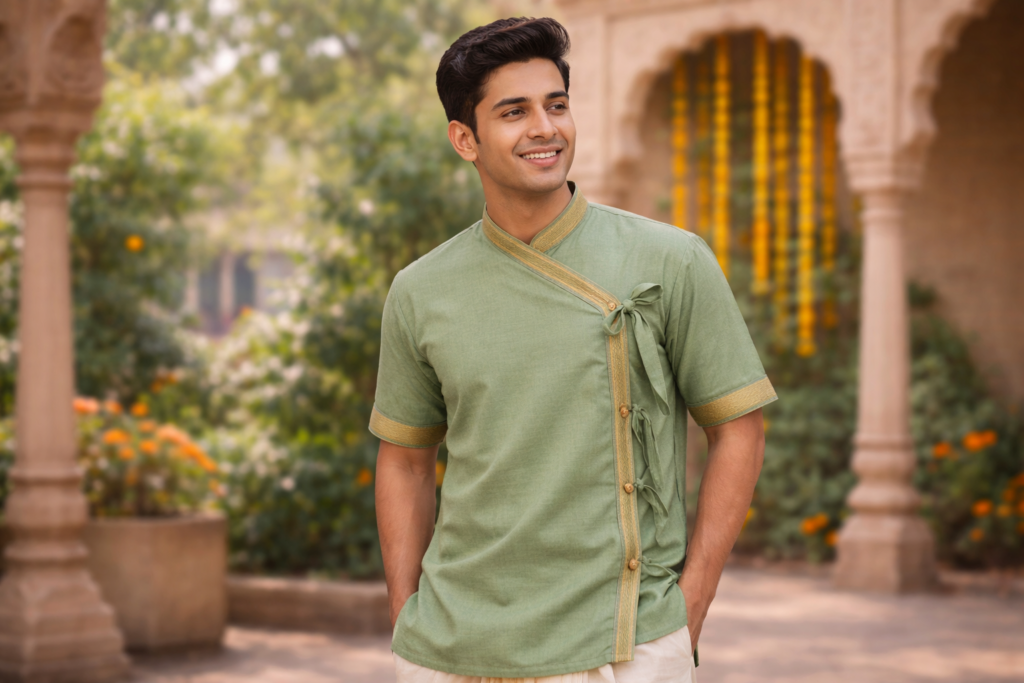 Man wearing elegant green Bagalbandi — side-tie visible — dhoti below — traditional Maharashtra look