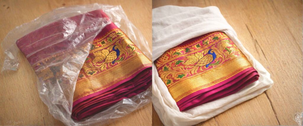Paithani saree stored in muslin cloth vs plastic showing zari care difference