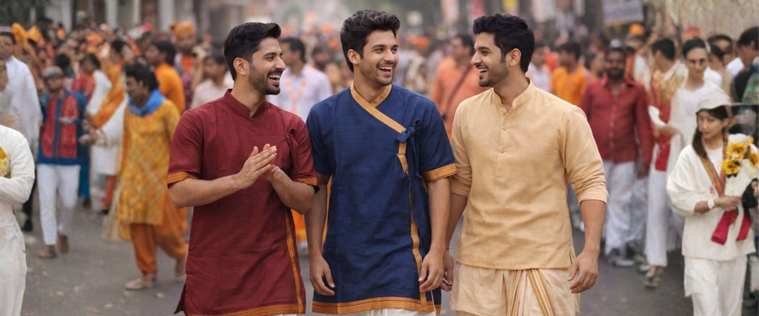 Three Maharashtrian men wearing traditional outfits — Barabandi, Bagalbandi and Bandi with Dhoti — representing authentic Maharashtra fashion heritage