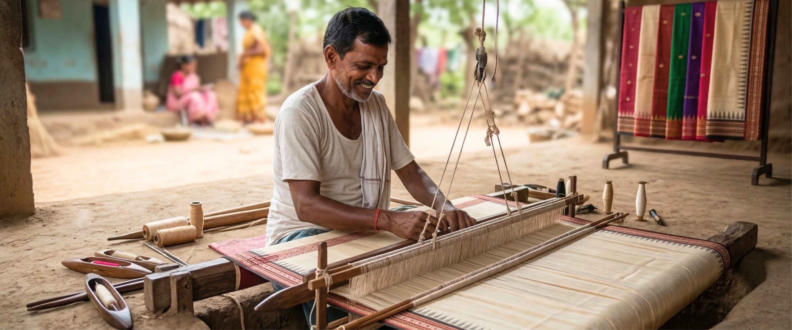 A Maharashtrian weaver sitting at a pit loom weaving a Karvat Kathi Tussar silk saree — village setting, Vidarbha region — representing the journey from craft to brand