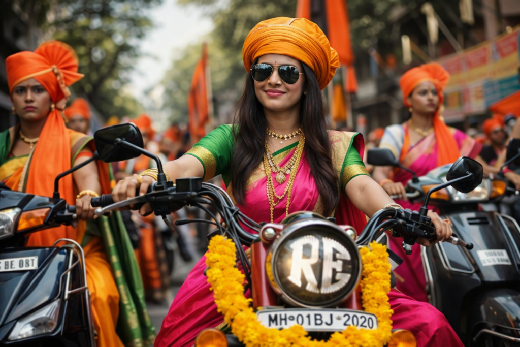 A Happy woman comfortable riding bike in Gudhi Padwa Procession Shakti Pathak Girgaon Smiling Woman