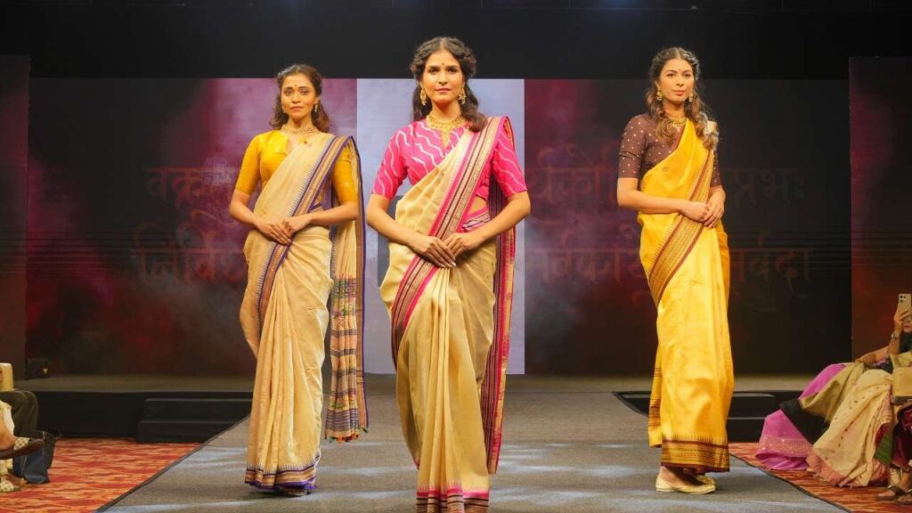 designer presenting traditional handloom Brand collection of Karvat Kathi Saree in Marathi Fashion Week Mumbai MFW25