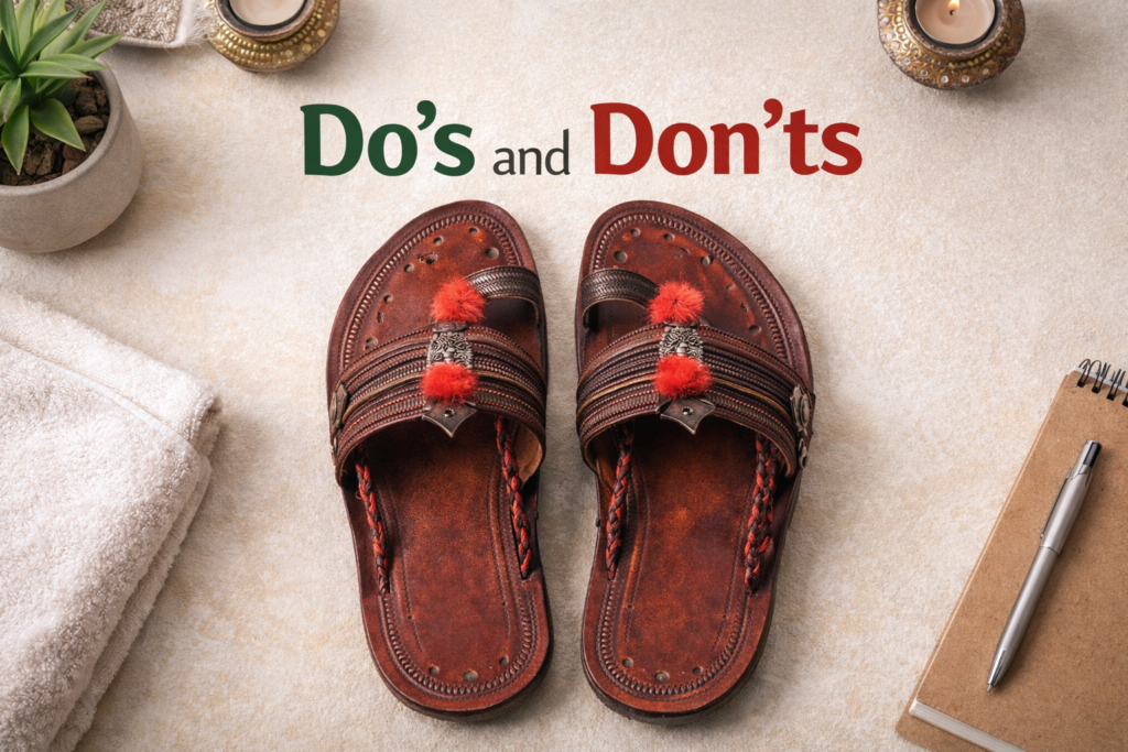 Kolhapuri chappals placed on a neutral background with the text Do’s and Don’ts, illustrating tips for proper use and care of traditional leather Kolhapuri footwear.