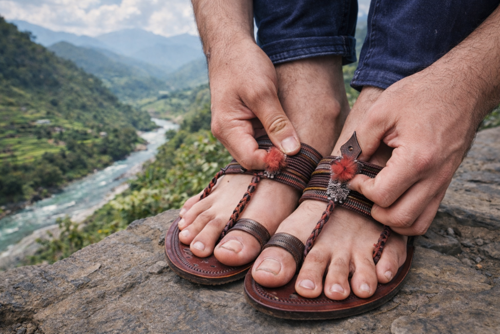 Close-up of a man adjusting the straps of Kolhapuri chappals on his feet as they cause itching, with a scenic outdoor background visible.