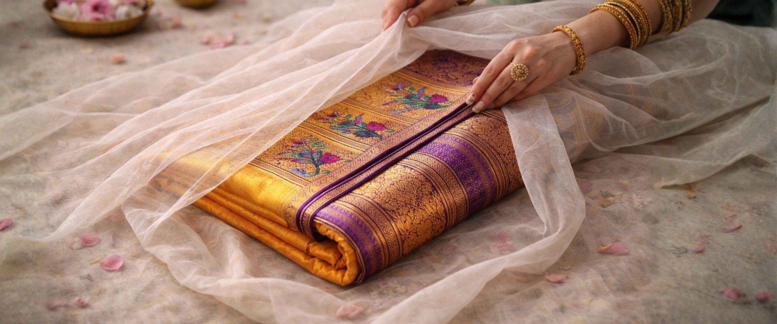 एक सुंदर Paithani साडी नाजूकपणे muslin कापडात गुंडाळलेली — लाकडी कपाटात ठेवताना — warm, careful, traditional feel.
