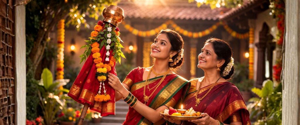 सुंदर गुढी — बांबू, कलश, साडी, कडुलिंबाची पाने. सकाळच्या उन्हात.